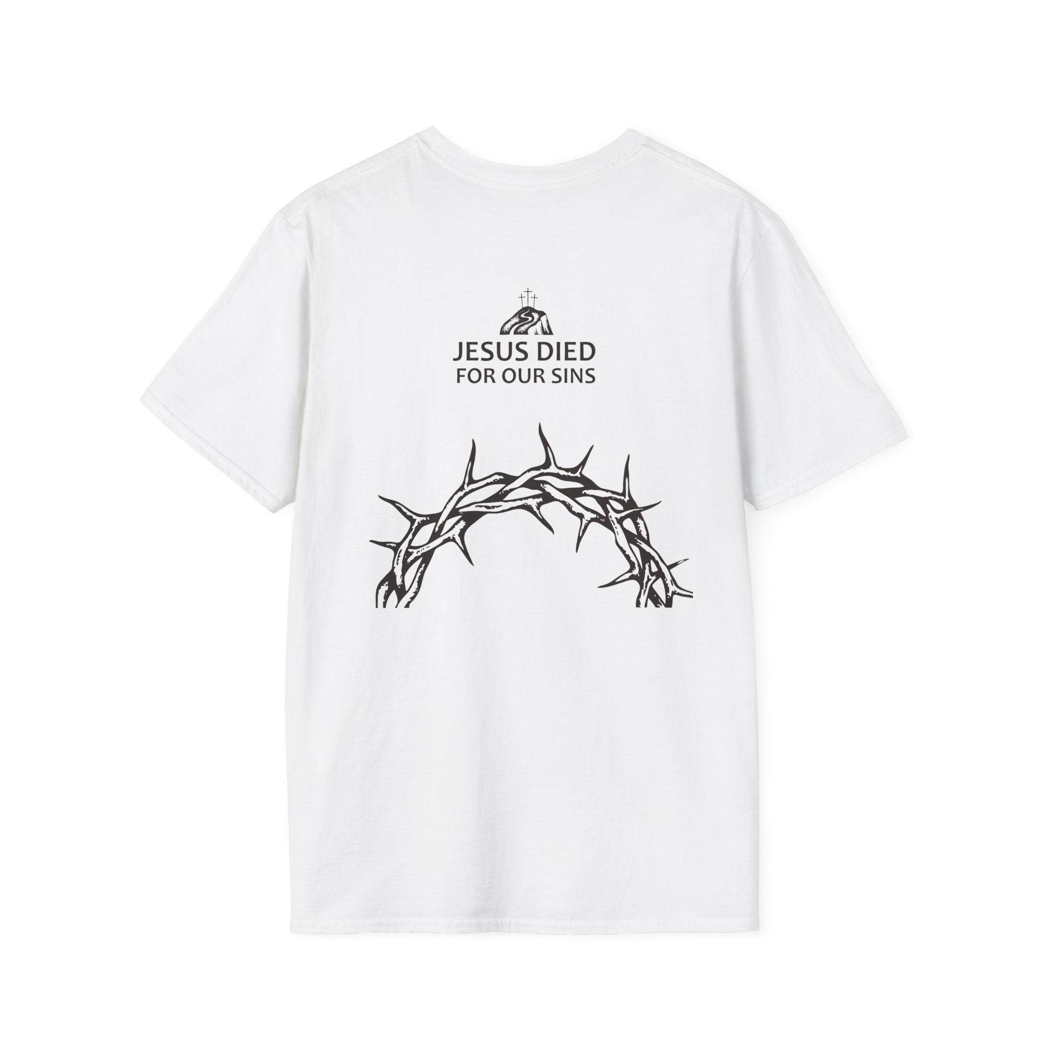 Christian Cross T-Shirt — "Jesus Died For Our Sins" with Crown of Thorns