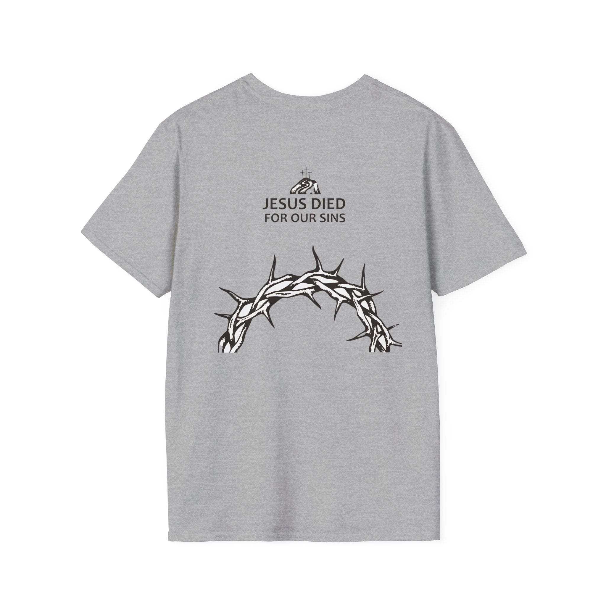 Christian Cross T-Shirt — "Jesus Died For Our Sins" with Crown of Thorns
